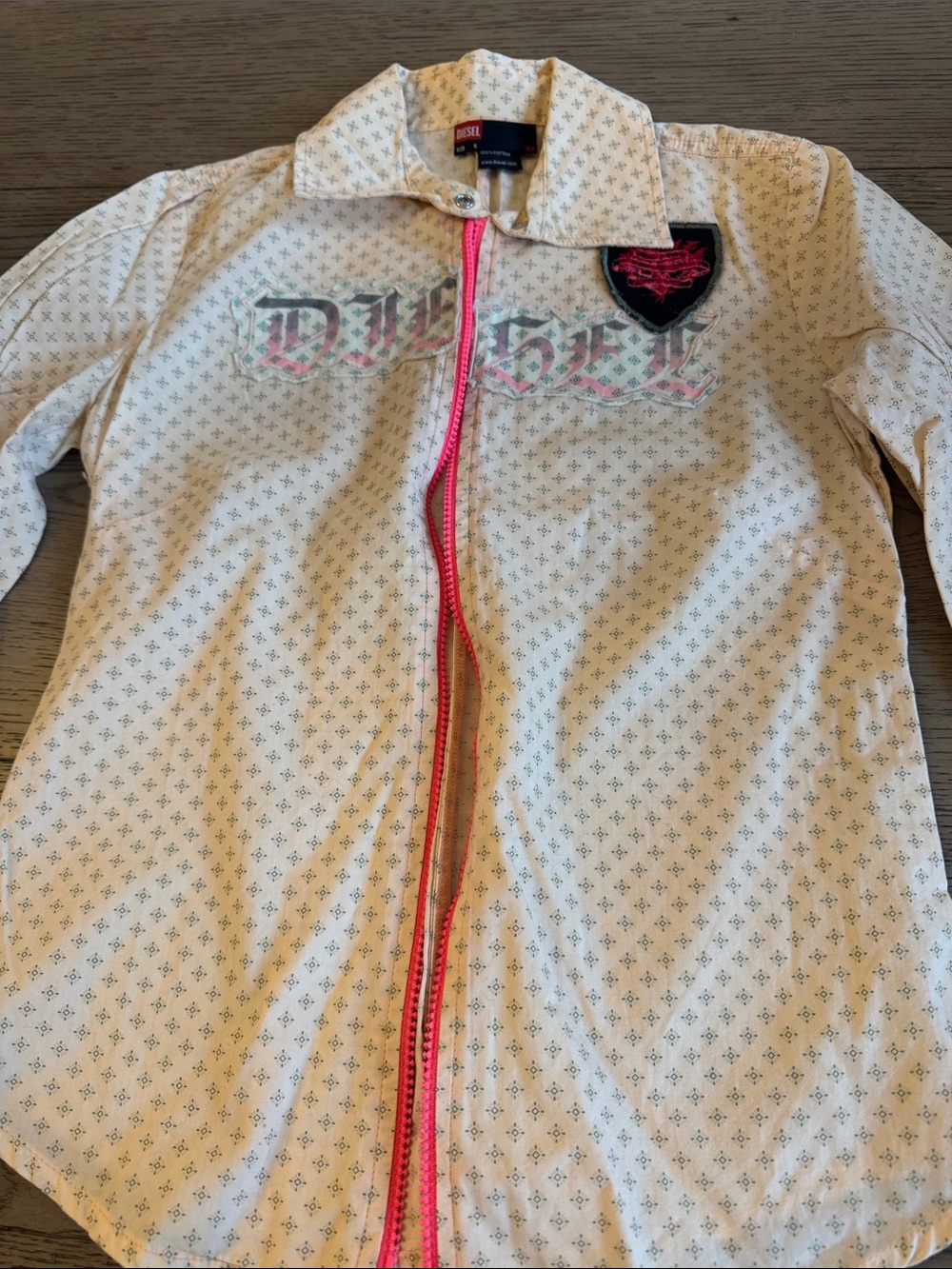 Diesel Cream Button-Down Shirt with Pink Zip and Logo Patch
